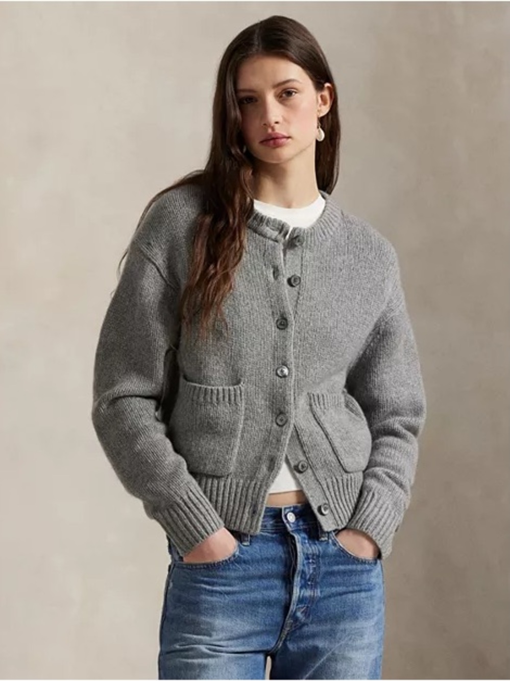 Polo Ralph Lauren Grey 100% Cashmere Button-Front Women's Cardigan Sweater